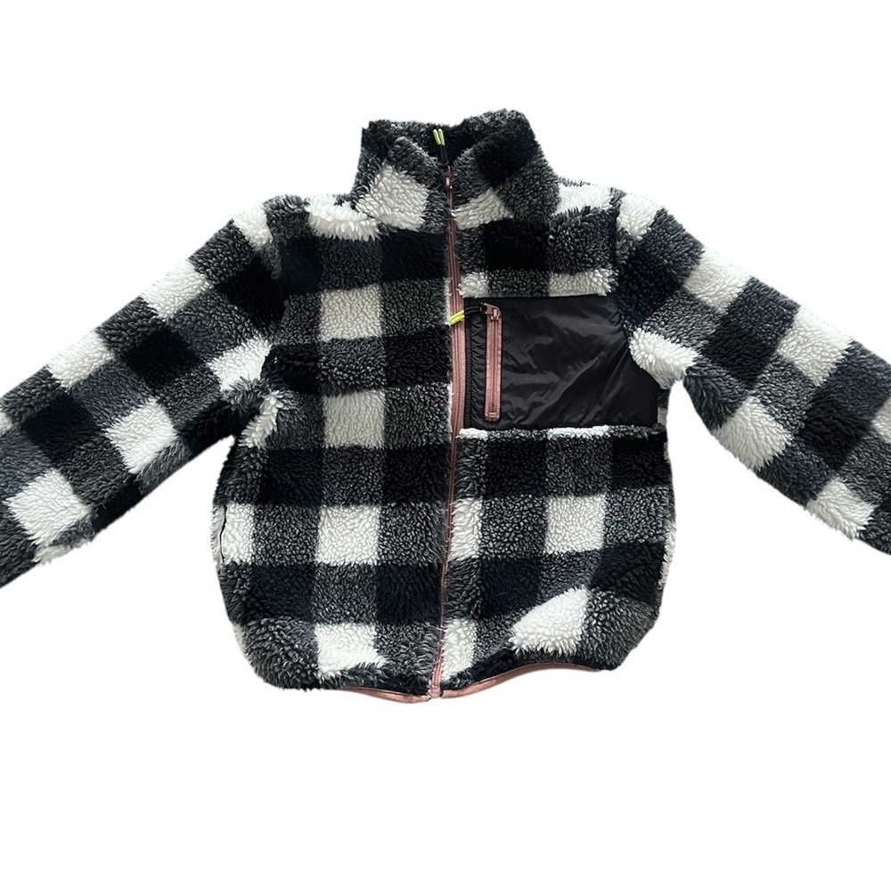 H&M 8-10 Black & White Buffalo Check Sherpa Jacket with Chest Pocket